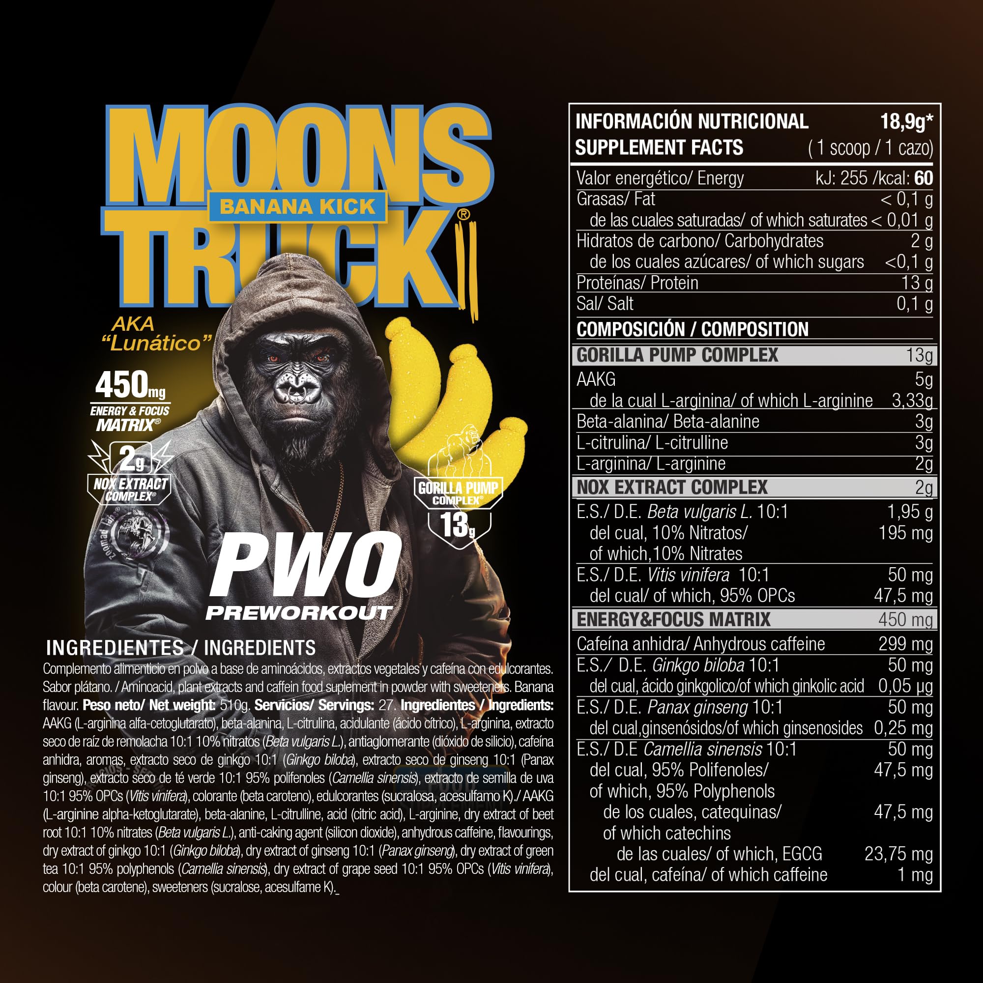 Zoomad Labs Moonstruck II Pre Entreno con Cafeína 510 g – Pre Workout Potente para Fuerza y Congestión – Gorilla Pump 13 g Óxido Nítrico, Energy Focus, Preentreno Gimnasio - Sabor Banana Kick