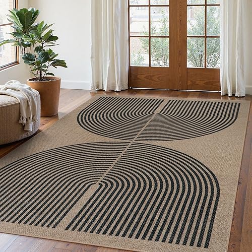 Lahome Alfombra moderna de yute, lavable de 5 x 7 pies, color negro, para sala de estar, dormitorio, casa rural negra, alfombra de patio para