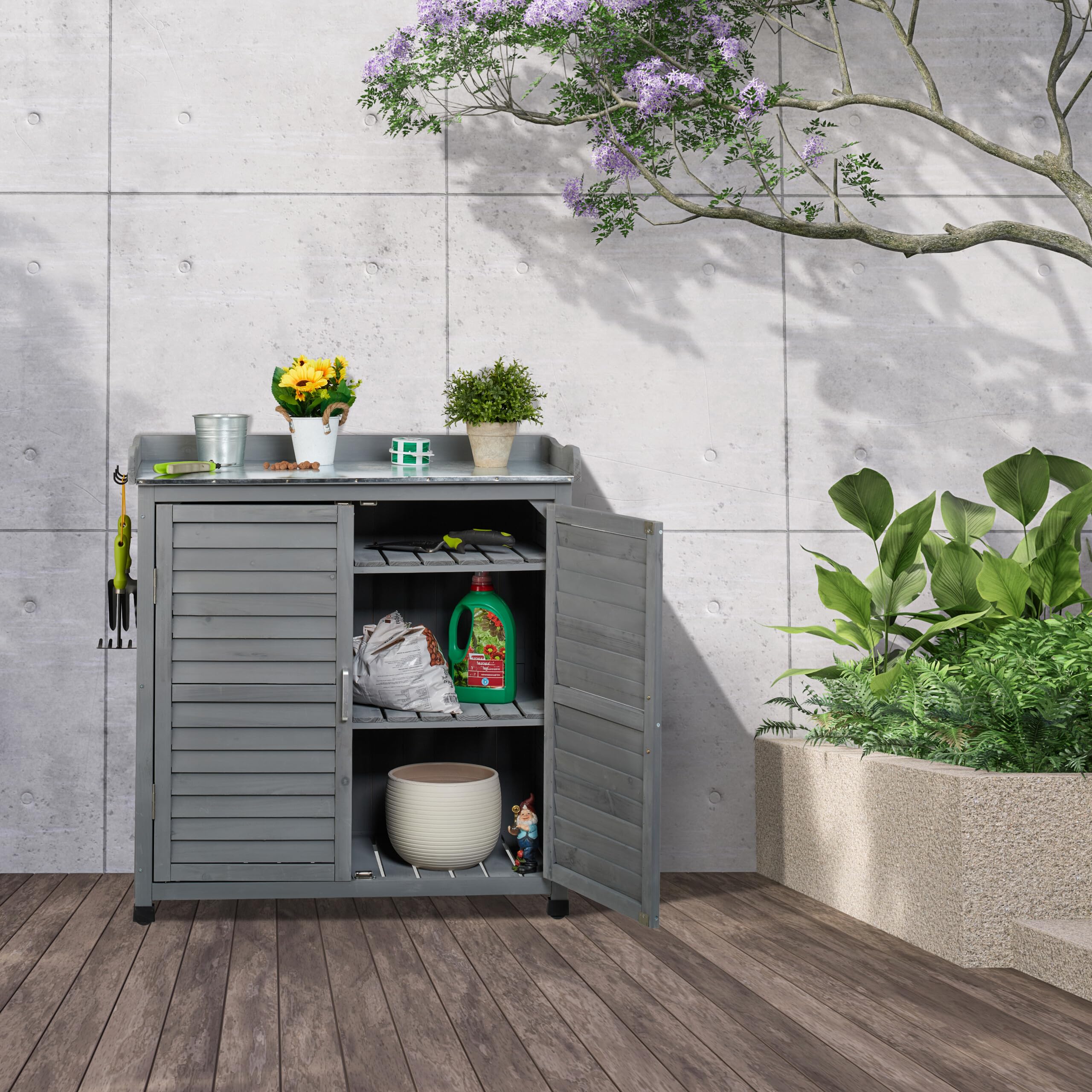 Relaxdays Tavolo da Lavoro per Giardinaggio, 3 Ganci, Banco Lavoro Giardino, Armadietto Legno, HLP: 92x90x45 cm, Grigio
