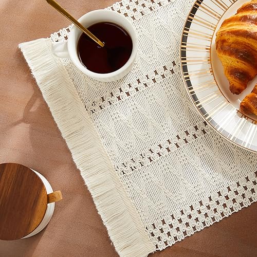 ZeeMart Juego de 4 manteles individuales estilo macramé, color marfil, decorativo, natural, de algodón, tejido, decoración del hogar, para cocina,
