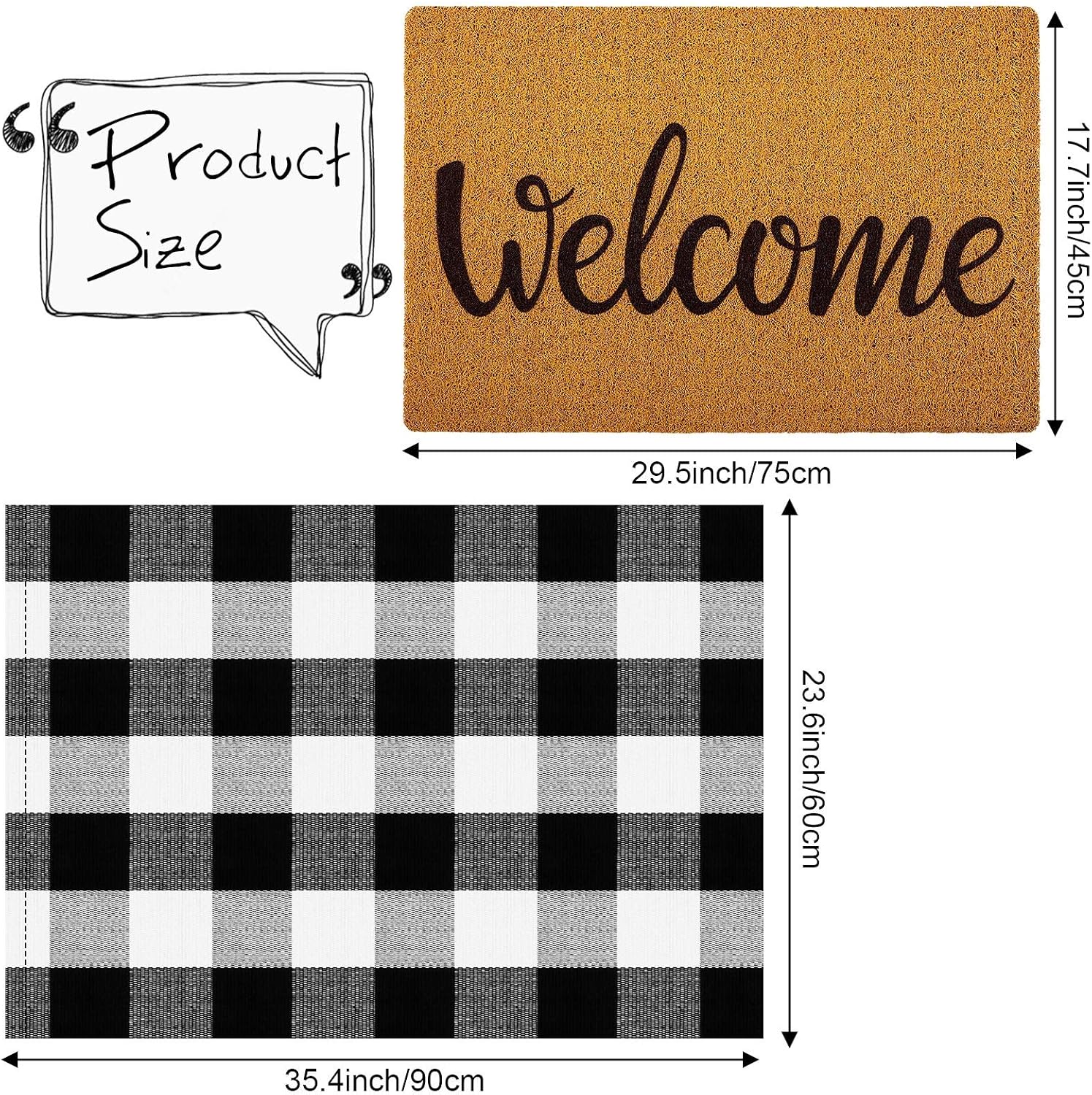 2 Pieces Welcome Doormat Non Slip Entryway Indoor Outdoors Mats Imitation Coir Doormat Buffalo Plaid Rug for Layering Decorative Front Door Entrance