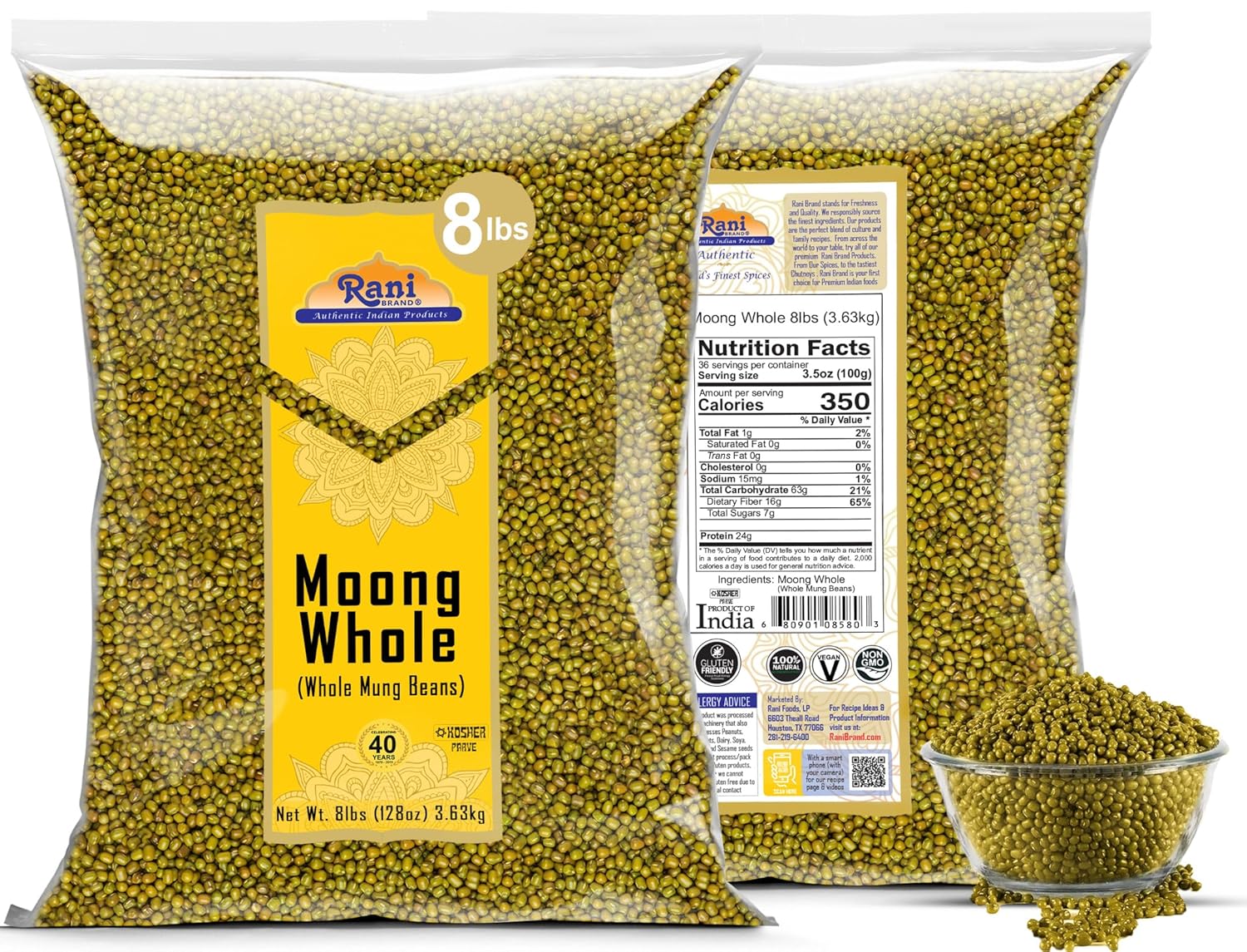 Rani Moong Whole (Ideal for Cooking & Sprouting, Whole Mung Beans w/Skin) Lentils Indian 128oz (8lbs) x Pack of 5 (Total 40lbs) Bulk ~ All Natural | Gluten Friendly | Non-GMO | Vegan | Indian Origin
