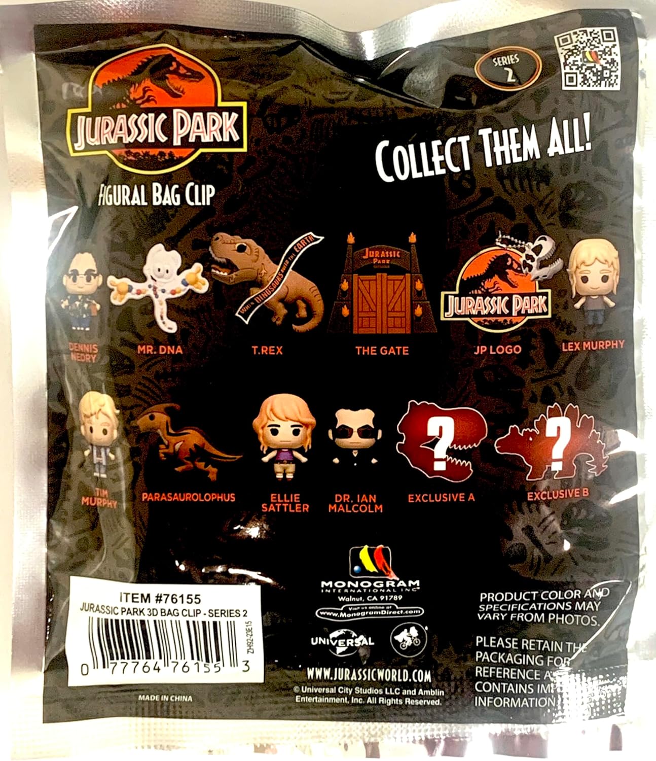 Back of the Jurassic Park Figural Bag Clip blind bag packaging, showing all possible figures and a 'Collect Them All!' slogan.