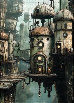 Puzzles for Adults 1000 Pieces, Fantasy Steampunk City Jigsaw Puzzle, Sci-Fi Cityscape Art Puzzle with Letters on Back, Challenging Mechanical Puzzles for Game Gifts, 11 Poster