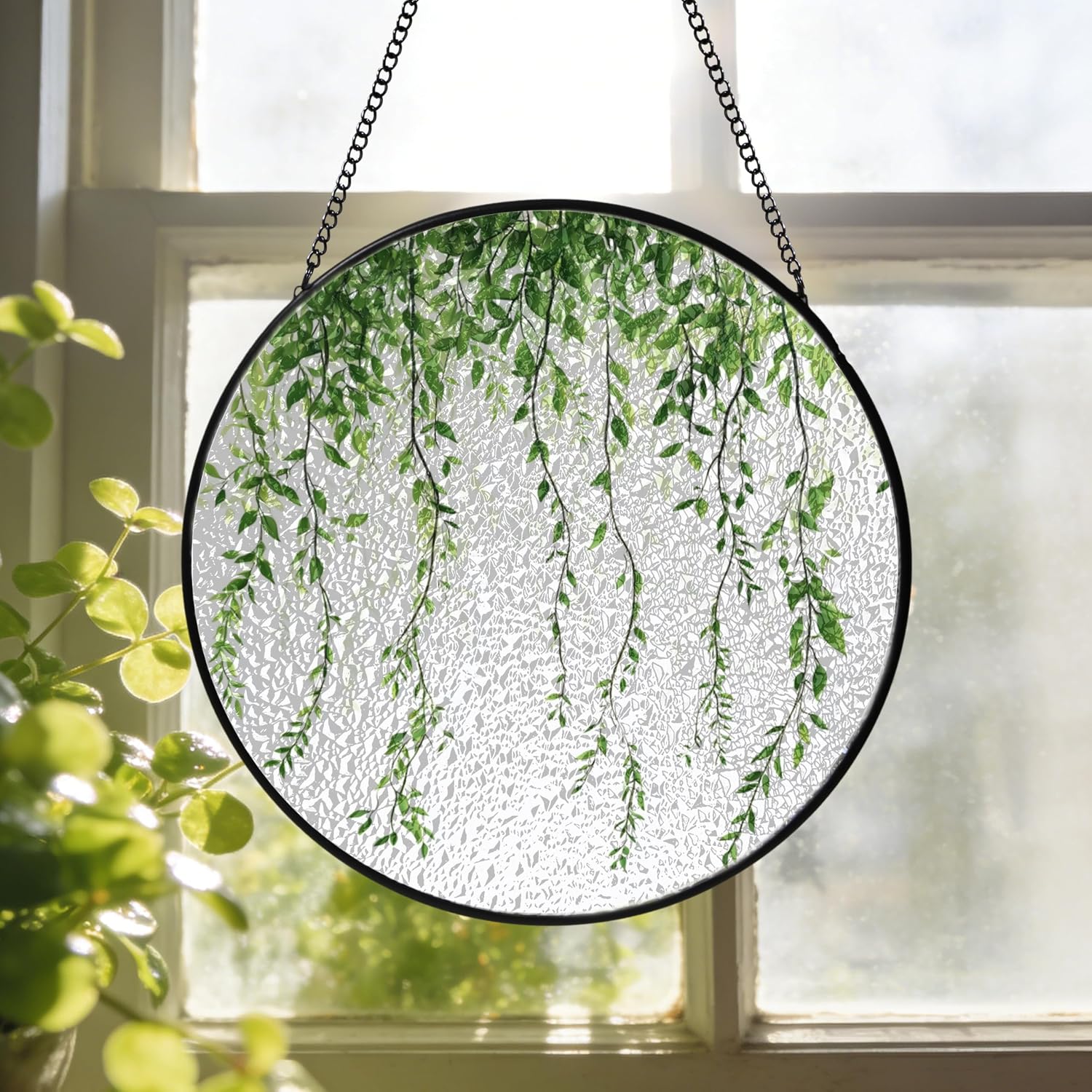 Green Leaf Stained Glass Window Hanging Greenery Leaves Suncatchers Vine Leaf Glass Panel Hangings Boho Nature Window Art Cottagecore Home Decor Spring Garden Lovers Gift for Mom Grandma 11.8inch