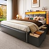 Queen Bed Frame, 2-Tier Storage Headboard & 6 Drawers, PU Leather Upholstered Queen Size Platform Bed with Charging Station and LED Lights, No Box Spring Needed, Noise Free