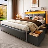 OURPIC Queen Bed Frame&comma; 2-Tier Storage Headboard & 6 Fabric Drawers&comma; PU Leather Upholstered Queen Size Platform Bed with Charging Station and LED Lights&comma; No Box Spring Needed&comma; Noise Free