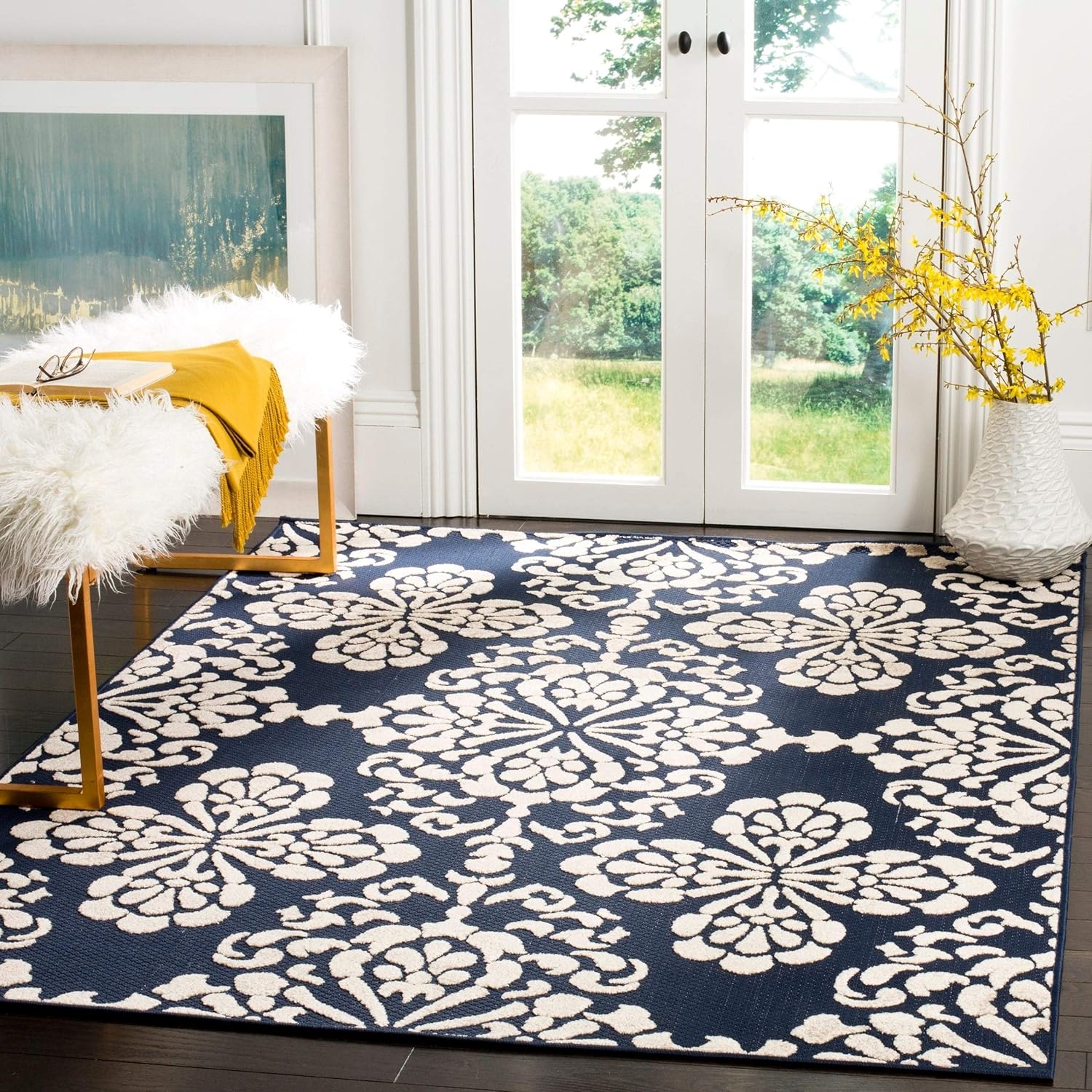 SAFAVIEH Washable Rug Outdoor Cottage Collection - 2'3" x 8' Runner, Cream & Grey, Non-Shedding & Easy to Clean, Ideal for Patio, Backyard, Mudroom (COT908C)