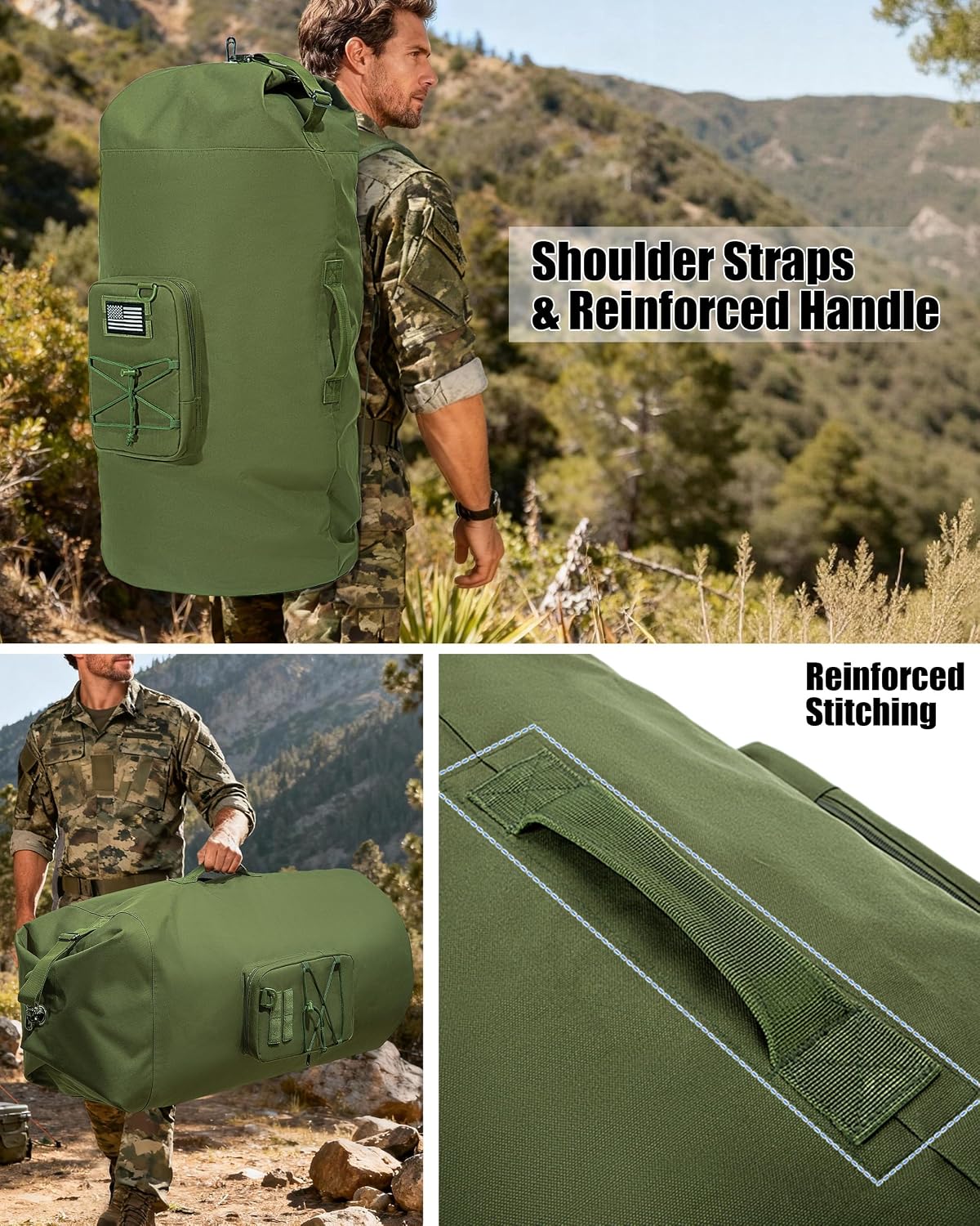 Military Duffle Bag, 90L-110L Large Army Duffle Bag with Removable Pocket, Heavy Duty Sea Bag Backpack for Camp, Outdoor or Laundry Bag (Patent Design)