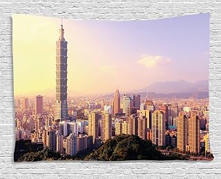 Ambesonne Landscape Tapestry, Evening Skyline of Taipei Taiwan Cityscape Modern Landmark Urban Scenery, Wide Wall Hanging for Bedroom Living Room Dorm, 60" X 40", Pastel Blush