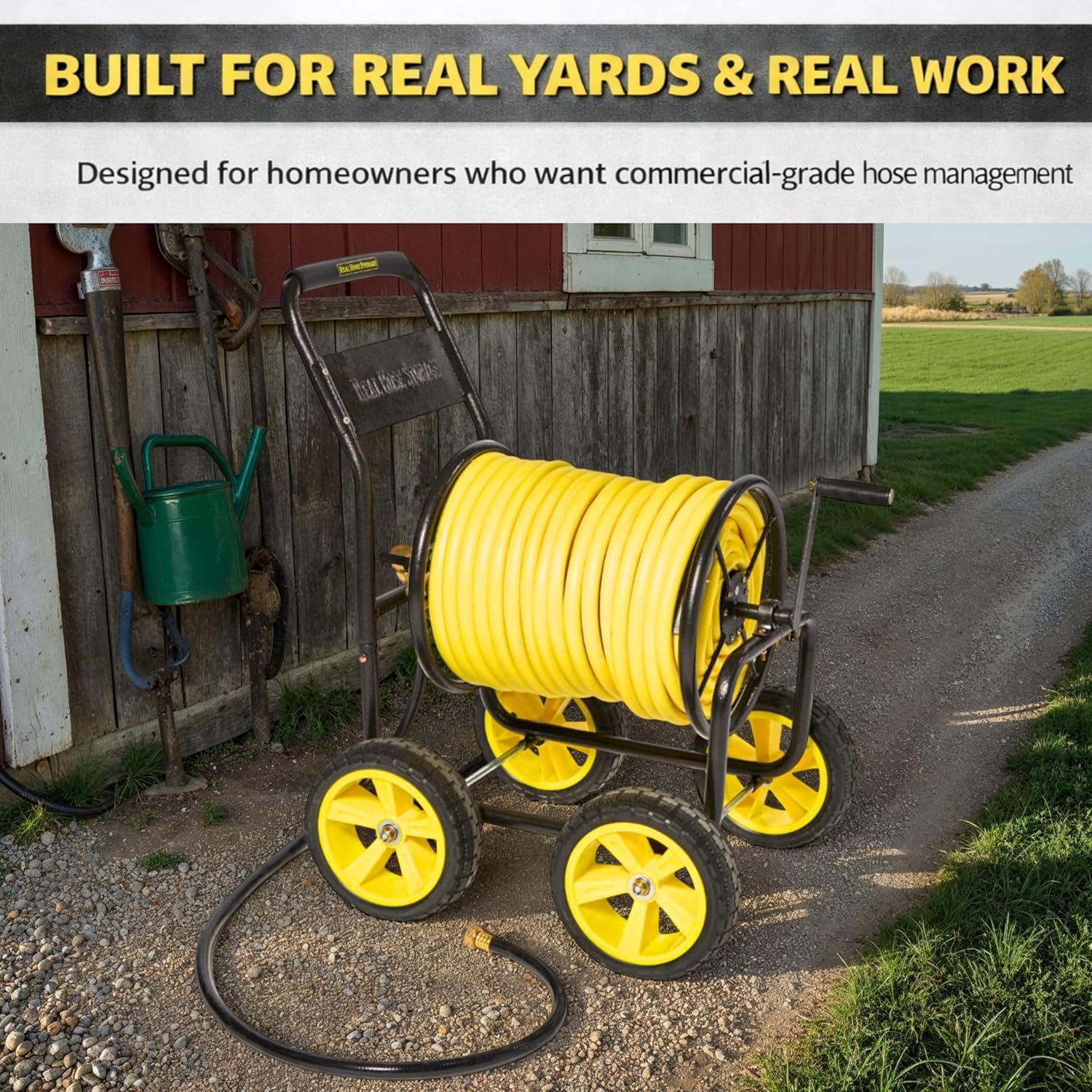 Garden Hose Reel Cart, Heavy Duty Hose Reel with Wheels, Outdoor Water Hose Reel for Backyard, Garden, or Lawn, Metal Hose Carts (250ft Hose Capacity)