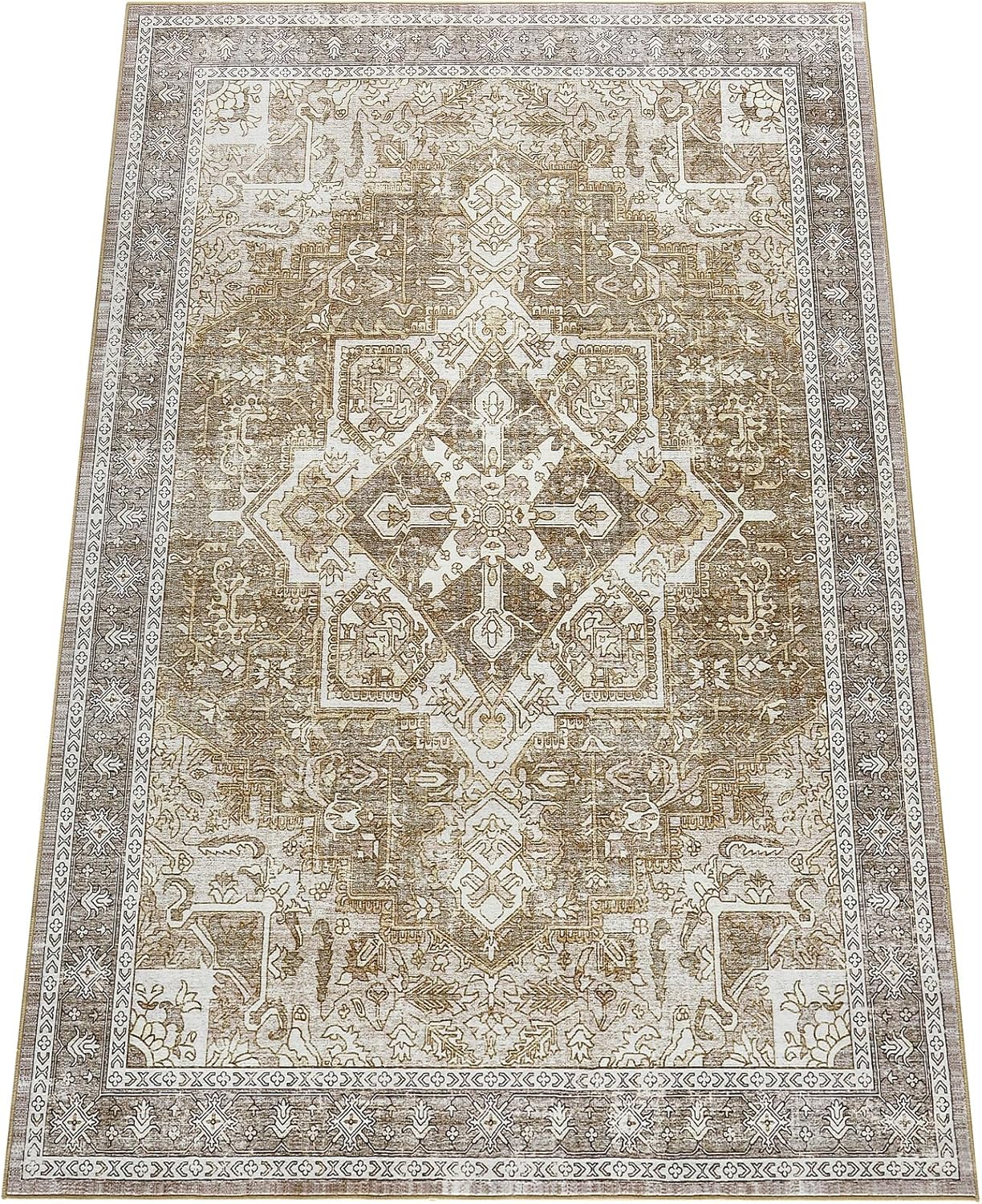 5x7 Area Rugs Washable Living Room Rugs Soft Retro Carpet for Bedroom Floral Oriental Carpet Camel 1'5" x 1'5" (Rectangular)