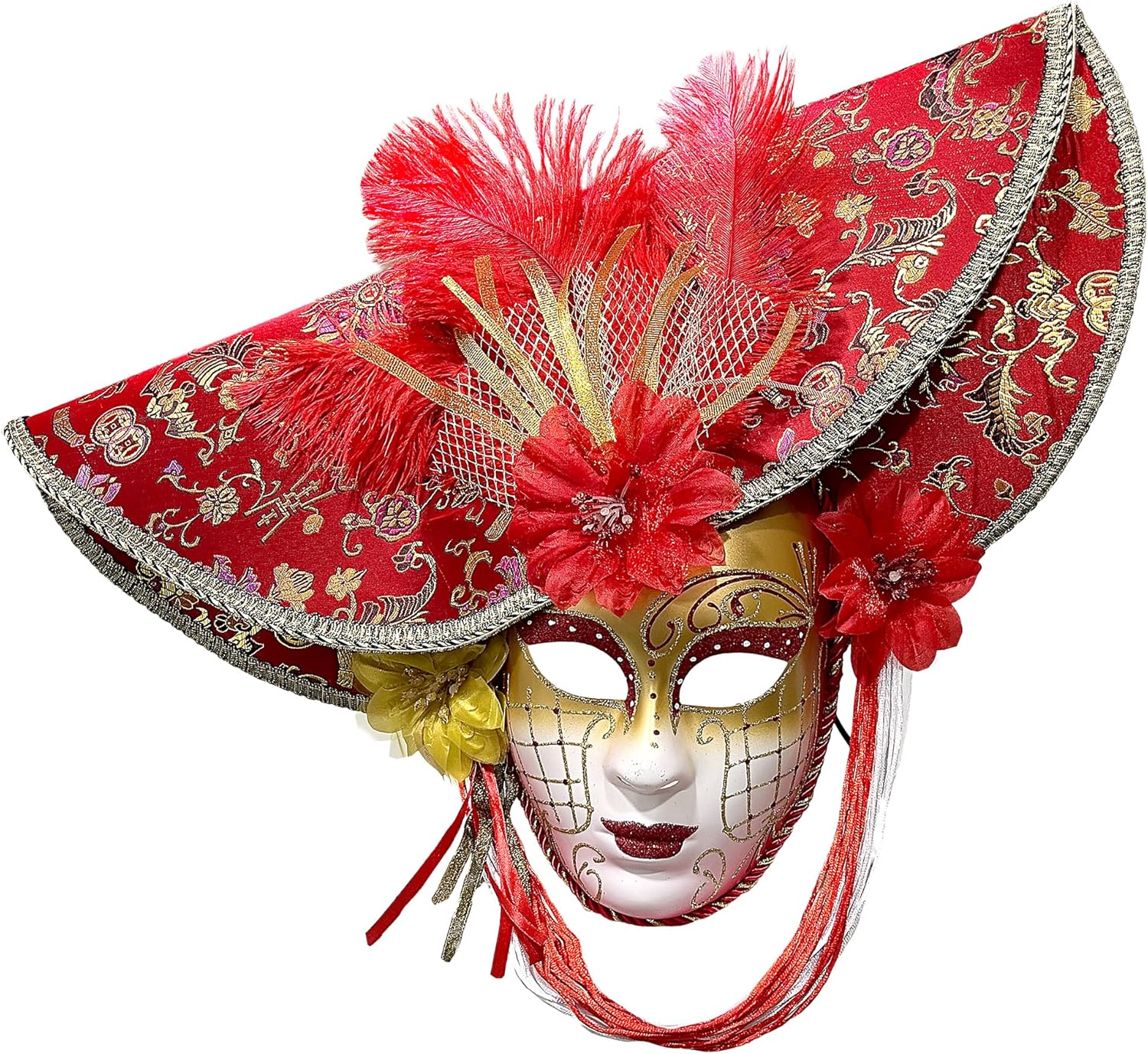 Wildarms Luxury Venetian Full Face Masquerade Mask - Feather Embroidery & Faux Flower Decor Carnival Cosplay Photography