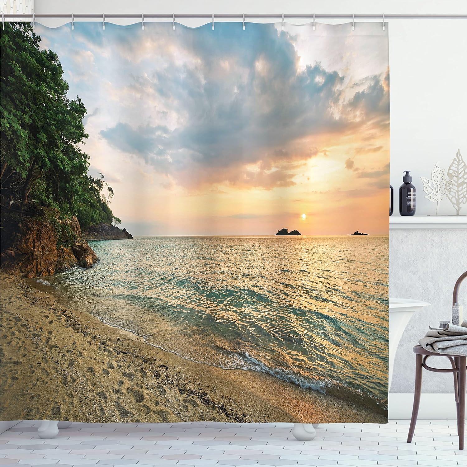 Ambesonne Landscape Shower Curtain, Sunset Dawn Sea Ocean Island Romance Tropic Botanic Tree Photo, Cloth Fabric Bathroom Decor Set with Hooks, 69" W x 70" L, Turquoise Peach