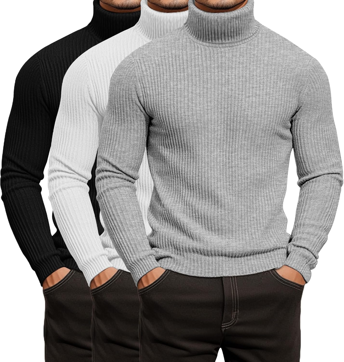 3 Pack Men's Ribbed Turtleneck Shirts, Long Sleeve Mock Neck Lightweight Pullover Sweaters Knit Base Layer Tee Tops