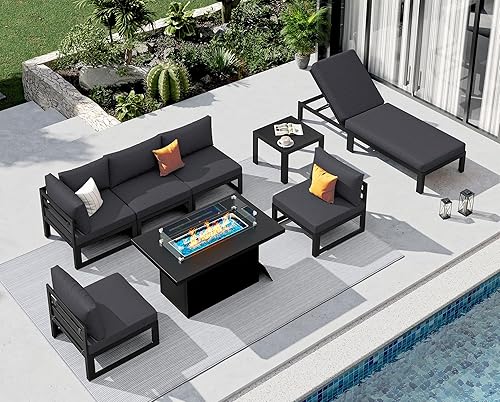 Miniatura 911 de NICESOUL 7 Piece White Powder-Coated Aluminum Patio Furniture with Fire Pit Table, 29 Inch Extra Wide Outdoor Sectional Sofa for 6, High-End Heavy