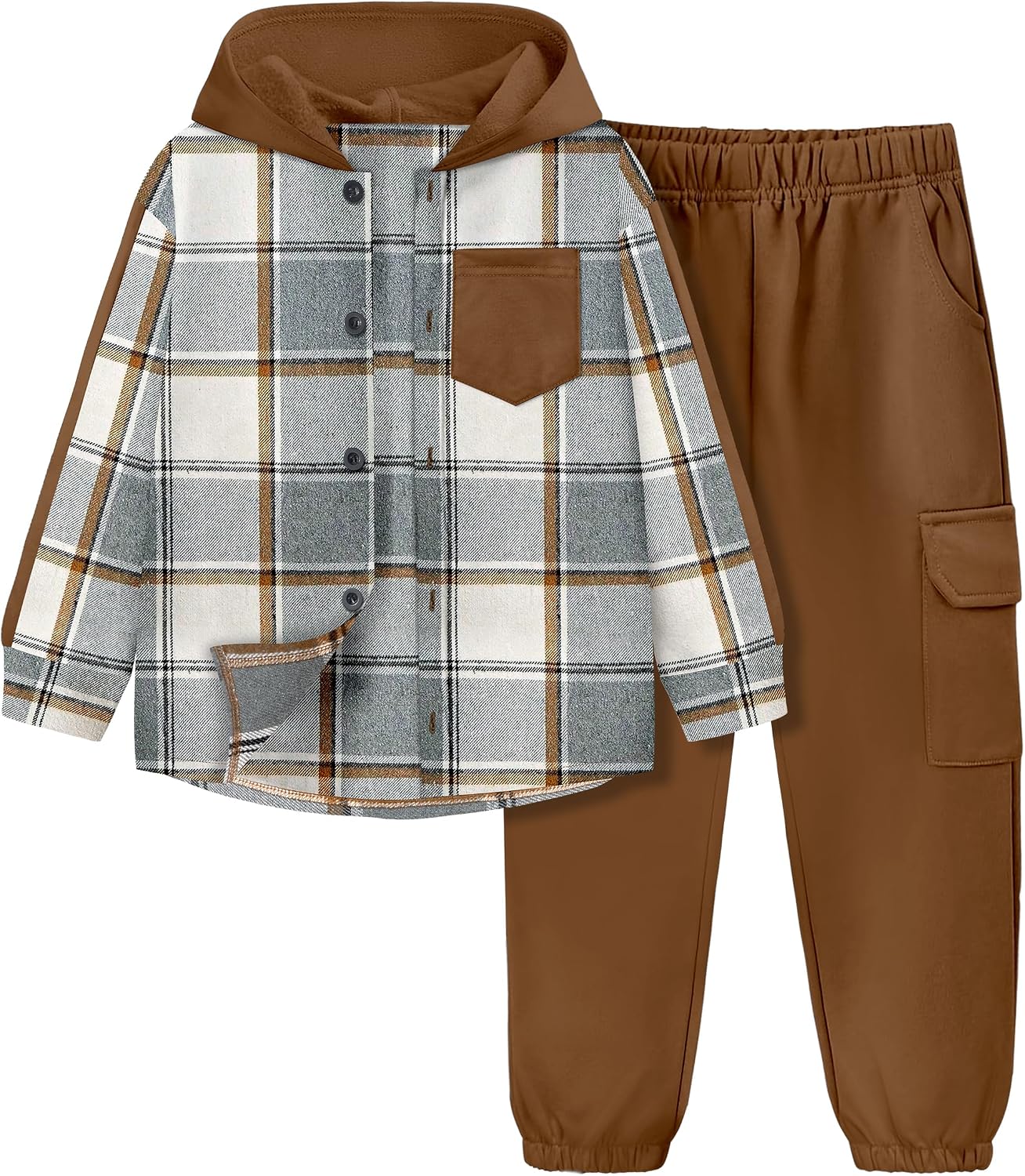 Toddler Boy Clothes Plaid Button Down Long Sleeve Hooded Shirt Tops Pants with Pockets 2Pcs Fall Winter Outfits 3-8Y