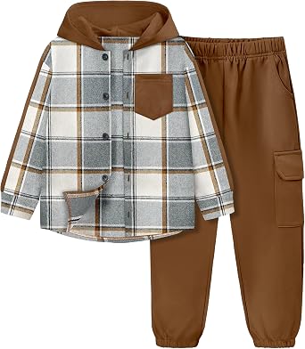 Toddler Boy Clothes Plaid Button Down Long Sleeve Hooded Shirt Tops Pants with Pockets 2Pcs Fall Winter Outfits 3-8Y