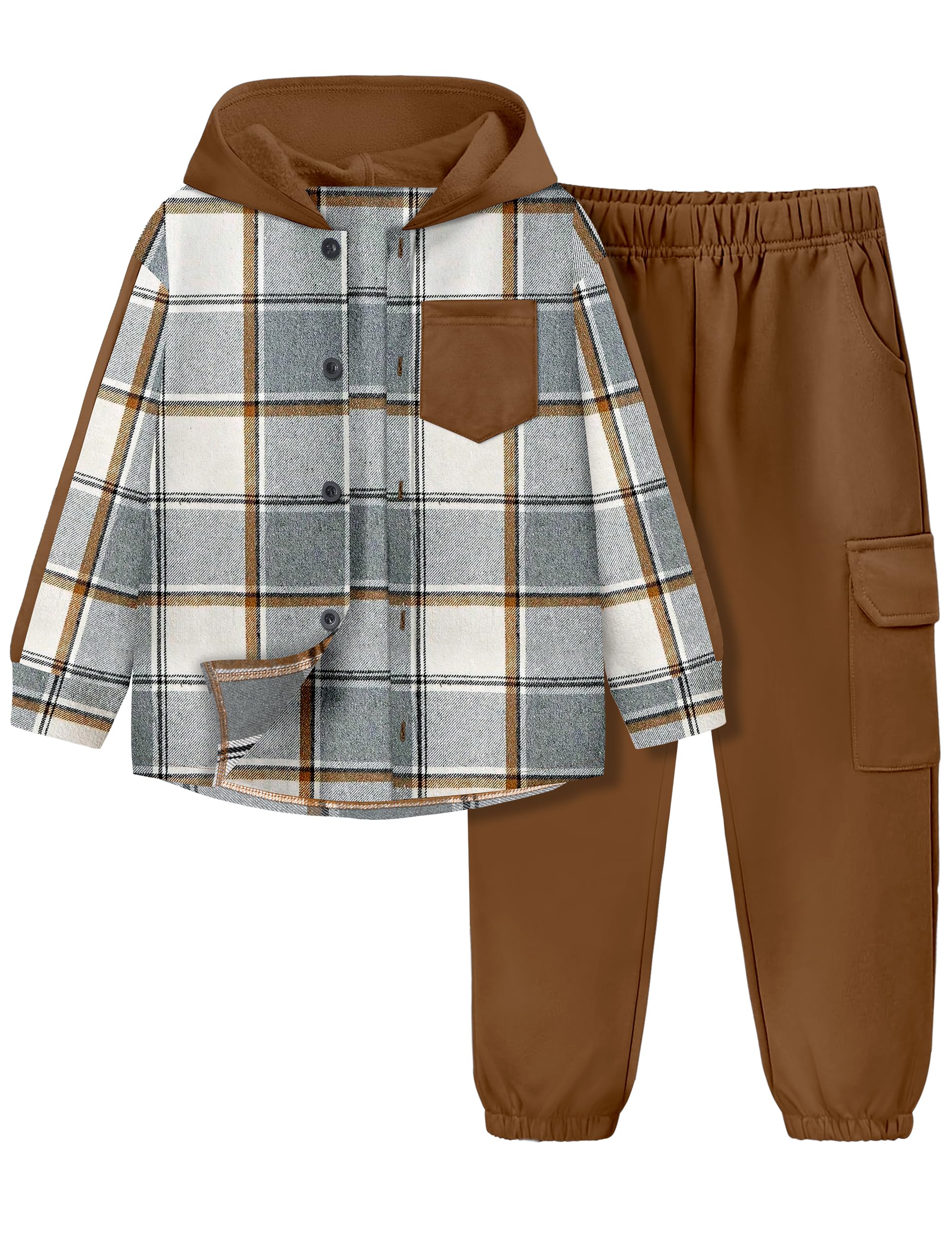 ADIRUN Toddler Boy 2-Piece Plaid Button Down Hooded Shirt & Pocket Pants Set (Sizes 3-8Y)
