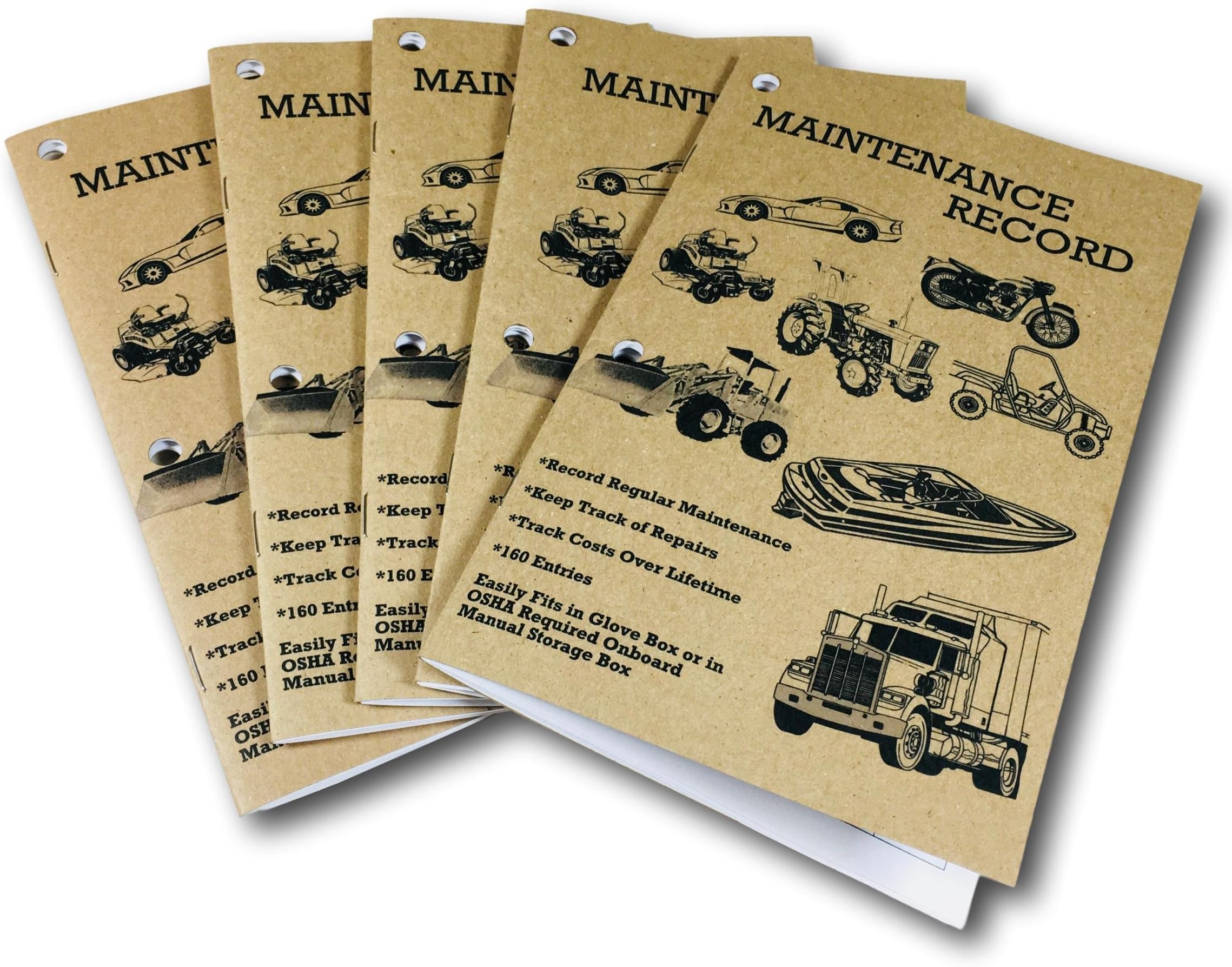 Maintenance Record, Service Repair Log Book, 5pk.: Automotive, Recreational Vehicle, Construction Equipment, Tractor, Truck, Boat, Auto, OSHA Approved (5)