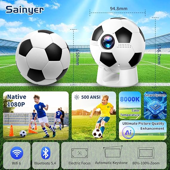 |Built-in Apps| Smart Projector with WiFi and Bluetooth, Mini Projector with Native 1080P Resolution, Dual Bond Wi-Fi 6,180 Rotatable Integrated stand, Gift for Kids, Students, Soccer Fans