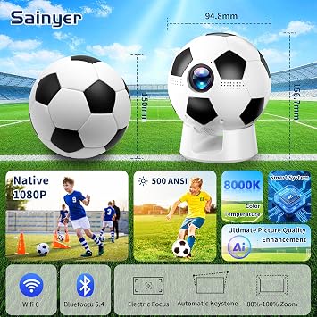 |Built-in Apps| Smart Projector with WiFi and Bluetooth, Mini Projector with Native 1080P Resolution, Dual Bond Wi-Fi 6,180 Rotatable Integrated stand, Gift for Kids, Students, Soccer Fans