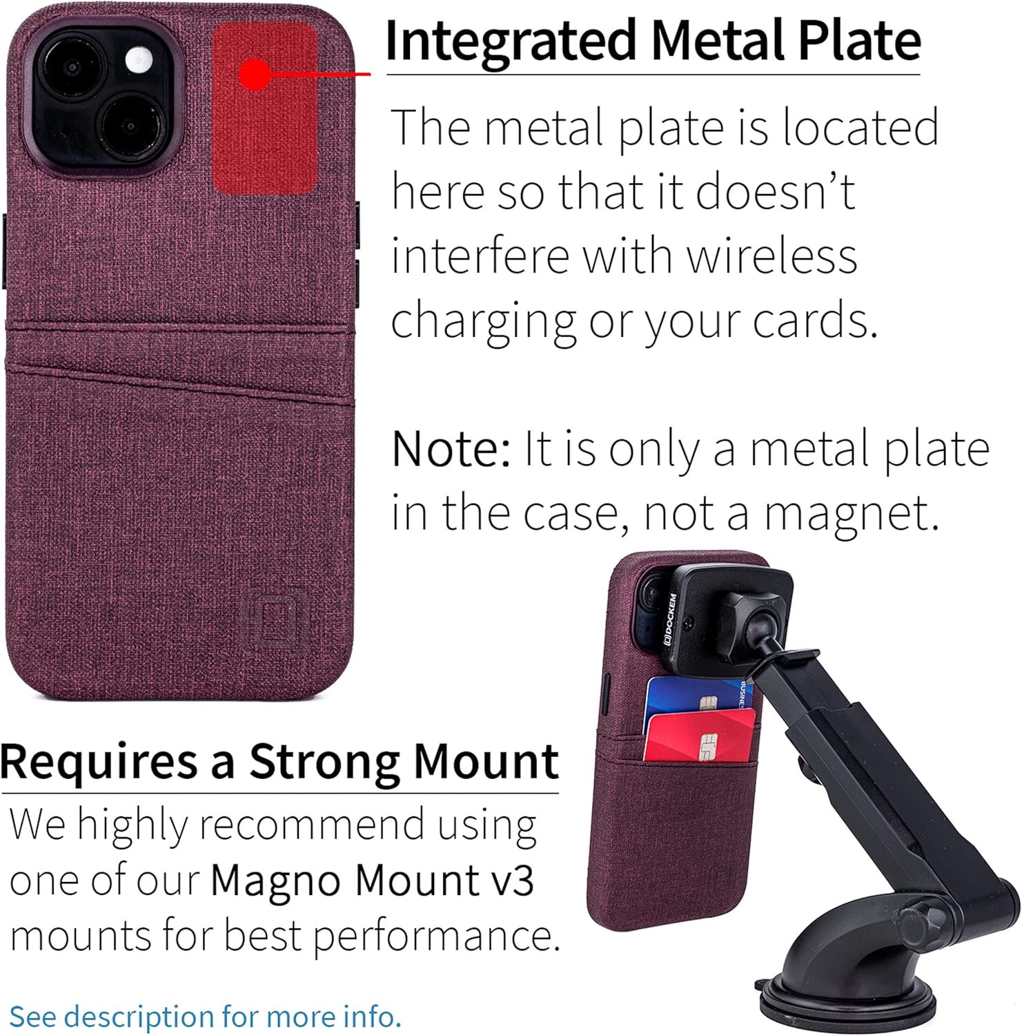 Dockem iPhone 14 Card Case with Built-in Metal Plate for Magnetic Mounting & 2 Card Holder Pockets: Luxe M2 Wallet, Canvas Style Synthetic Leather (iPhone 14, Burgundy)