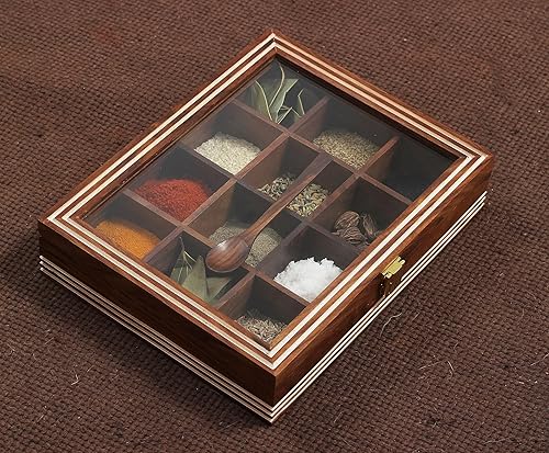 Miniatura 5 de ABHANDICRAFTS Sheesham - Caja de especias de madera para mesa de cocina, caja masala con 12 compartimentos y cuchara, caja de almacenamiento