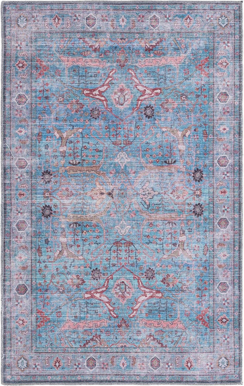 Rugs.com Maahru Collection Washable Rug – 6 Ft Runner Blue Low-Pile Rug Perfect for Hallways, Entryways
