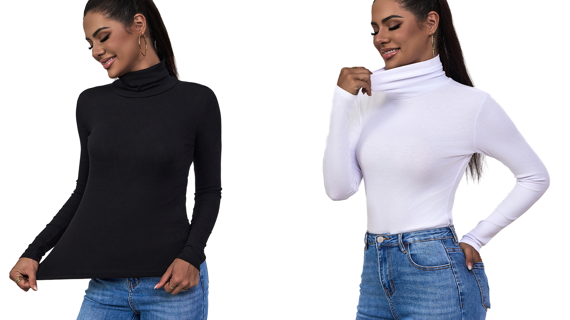 Black Ribbed Turtle Neck Tops for Women(Black X-Small) at Amazon