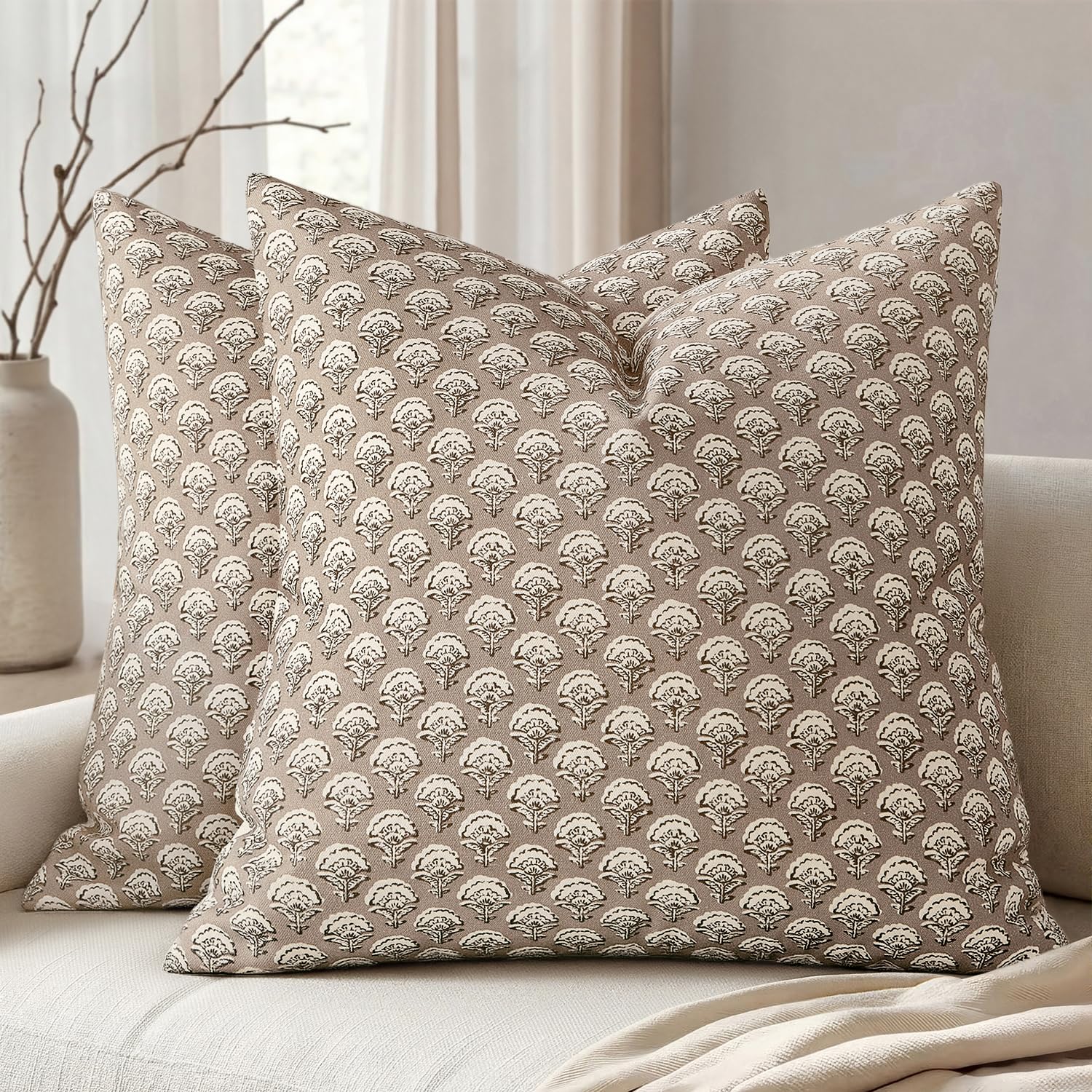 MIULEE Set of 2 Decorative Floral Pillow Covers Neutral Vintage Throw Pillows Block Print Boho Farmhouse Cushion Covers for Modern Spring Home Decor Couch Sofa Bed Living Room, 18x18 Inch, Light Taupe