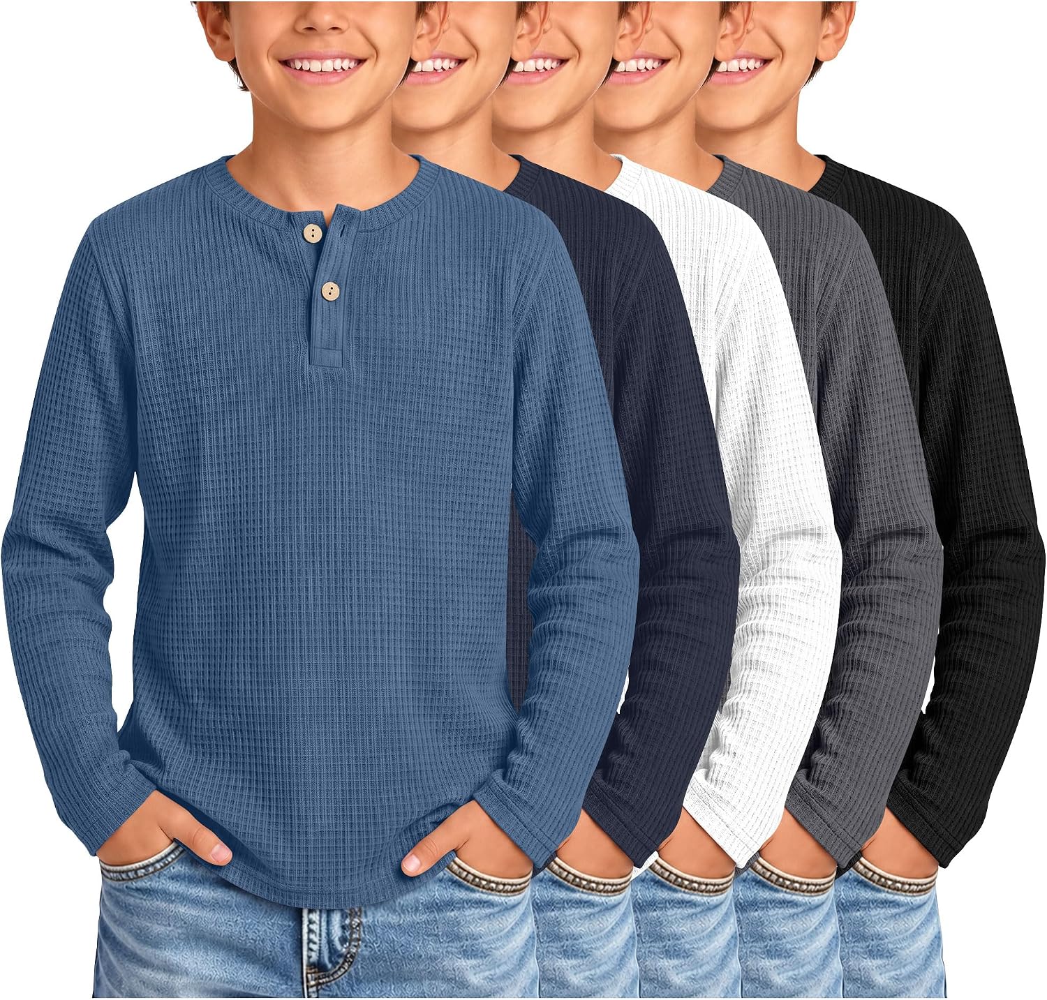 5 Pcs Boys Long Sleeve Waffle Henley Tops