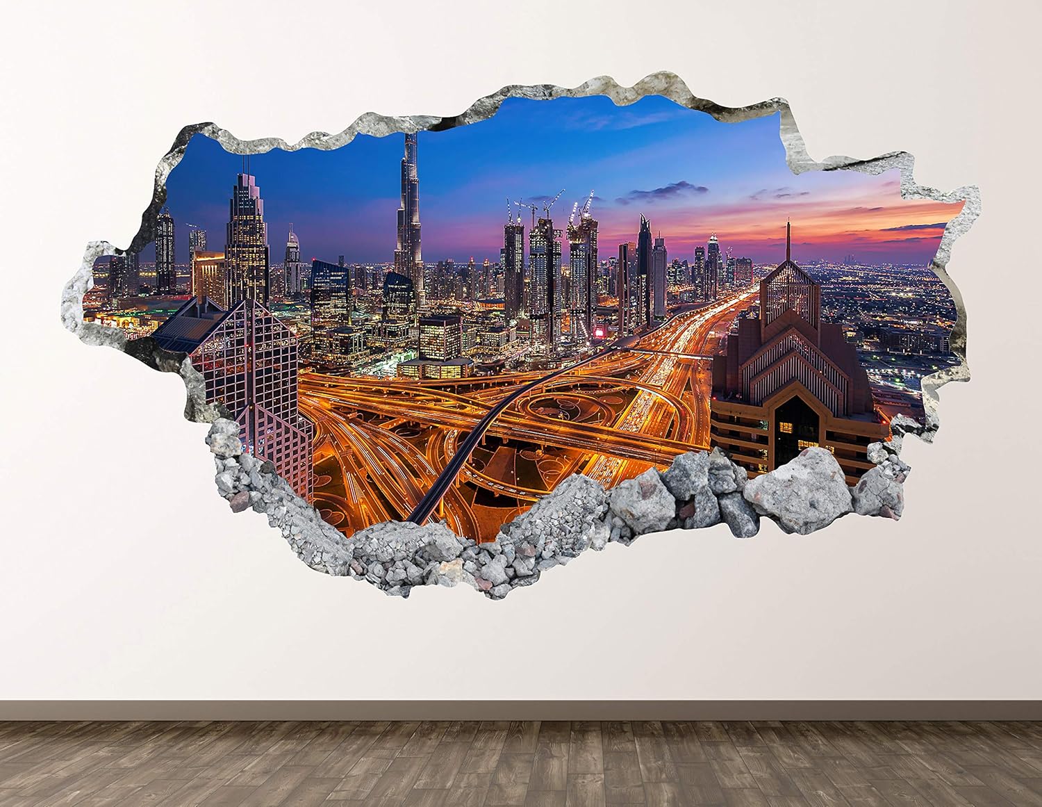 Dubai Skyline Wall Decal Art Decor 3D Smashed Sticker Poster Kids Room Mural Custom Gift BL1611 (30"W x 18"H)