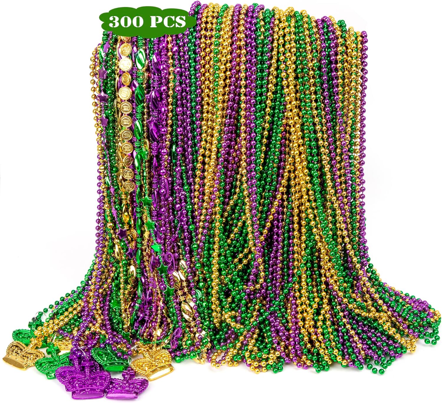 300PCS Mardi Gras Beads Costume, Green Purple Gold Metallic