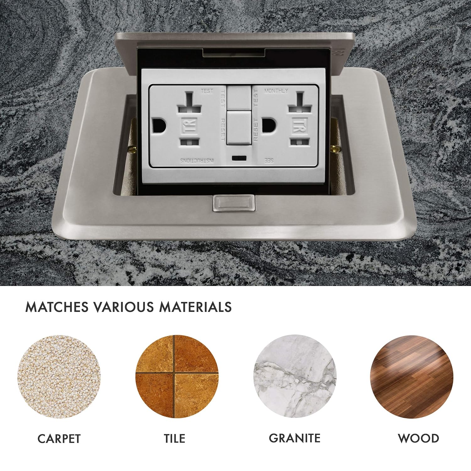 ENERLITES Soft Pop-Up Square Floor Box Kit, 20A GFCI Tamper-Weather-Resistant Receptacle Outlet, Watertight Gasket and Corrosive Resistant Hardware, Nickel Plated Brass Cover, 961248-S-GFCI