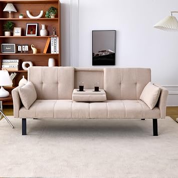 Beige Convertible Futon Sofa Bed with Cup Holder, Cotton and Linen Folding Futon Couch, Recliner Lounge for Living Room with Side Storage, Removable Armrests (Beige)