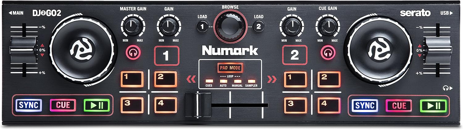Numark DJ2GO2 | Ultra Portable Two Channel DJ Controller for Serato DJ Intro Featuring A Built In Audio Interface With Headphone Cueing, Pad Performance Controls, Crossfader and Jogwheel