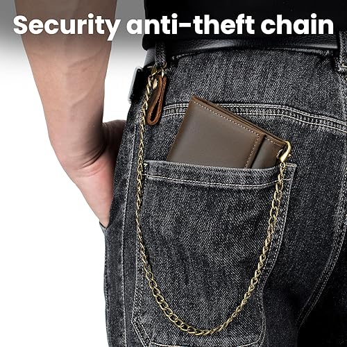 Vista 7 de BAIGIO Billetera de cuero genuino con cadena para hombre, con bloqueo RFID, triple pliegue, regalo para el padre