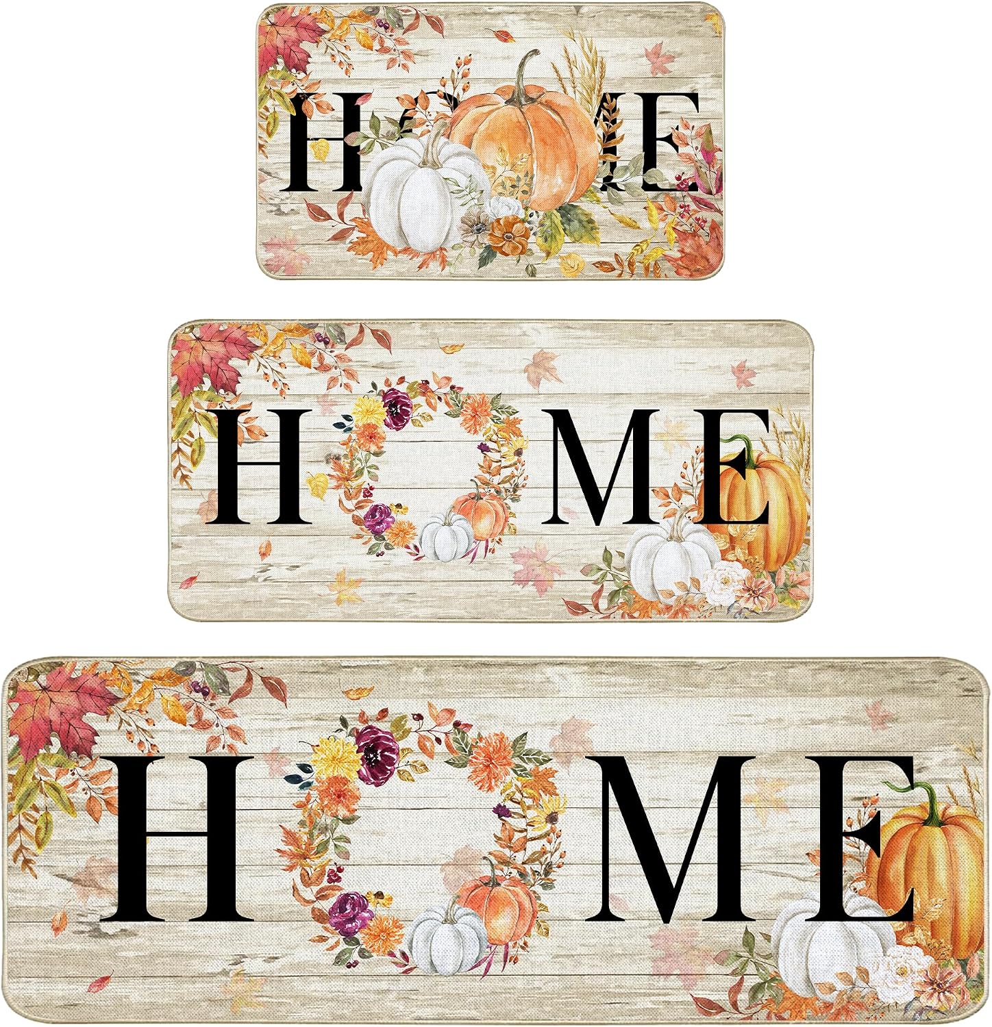 3 Pcs Fall Harvest Kitchen Rugs, Watercolor Pumpkin & Maple Leaf Farmhouse Home Decor Floor Mats, Non Slip Rubber Back Washable Burlap Rug Set 17×29,17×36,17×47 Inch for Thanksgiving Kitchen Decor