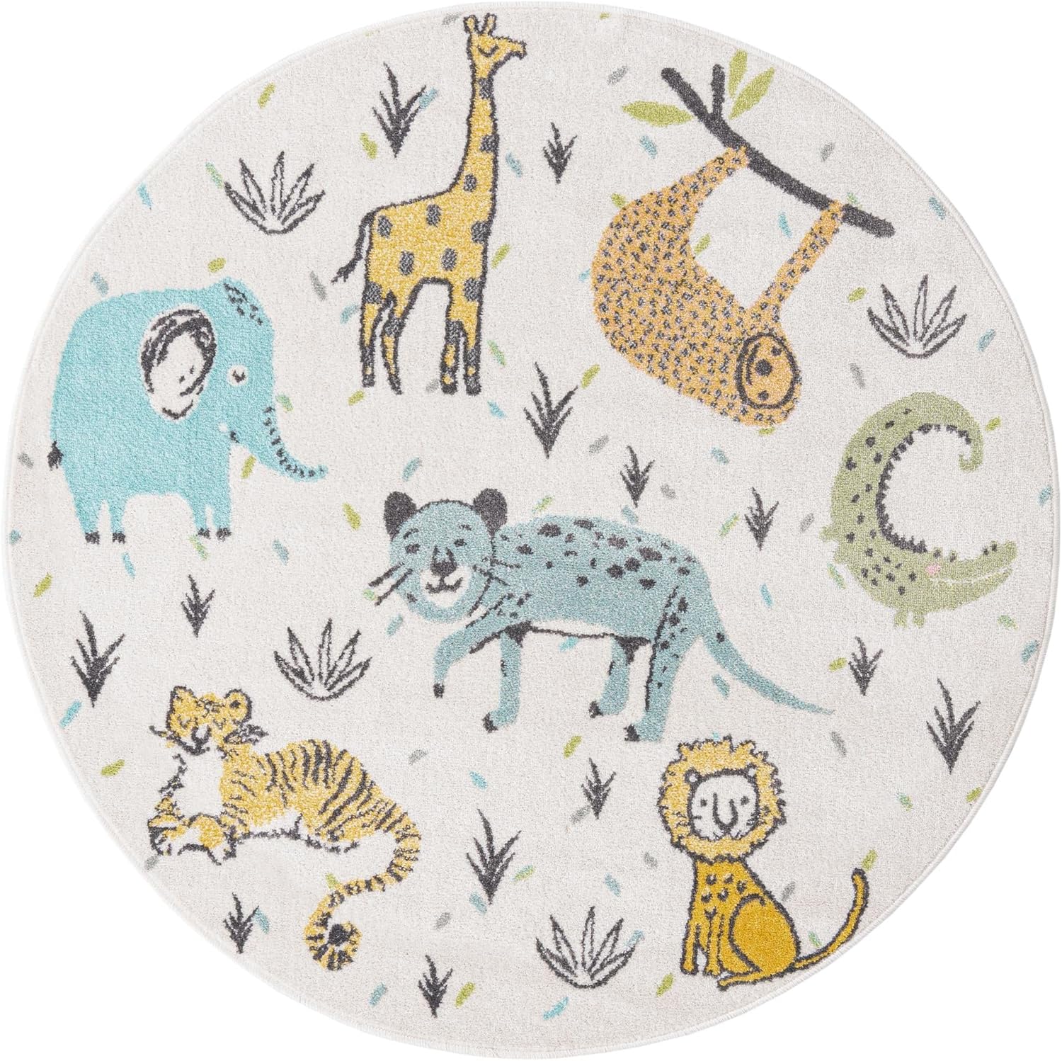 Unique Loom Whimsy Kids Collection Area Rug - Animals (Round 5' 3" x 5' 3", Ivory/ Black)