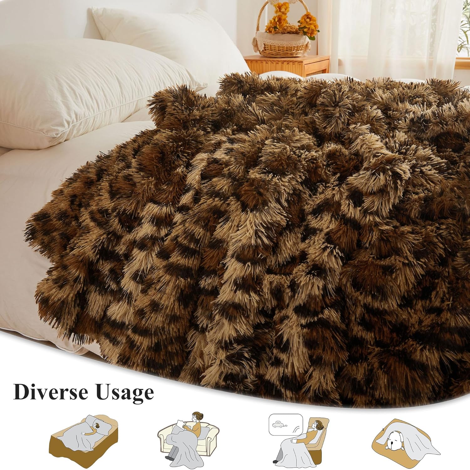 XeGe Luxury Faux Fur Leopard Print Blanket, Soft Cheetah Patterned Fluffy Bed Blanket, Shaggy Plush Decorative Couch Throw, Cute Furry Animal Print Fuzzy Throw for Sofa Bed Couch, Brown, 60x90 - Image 3