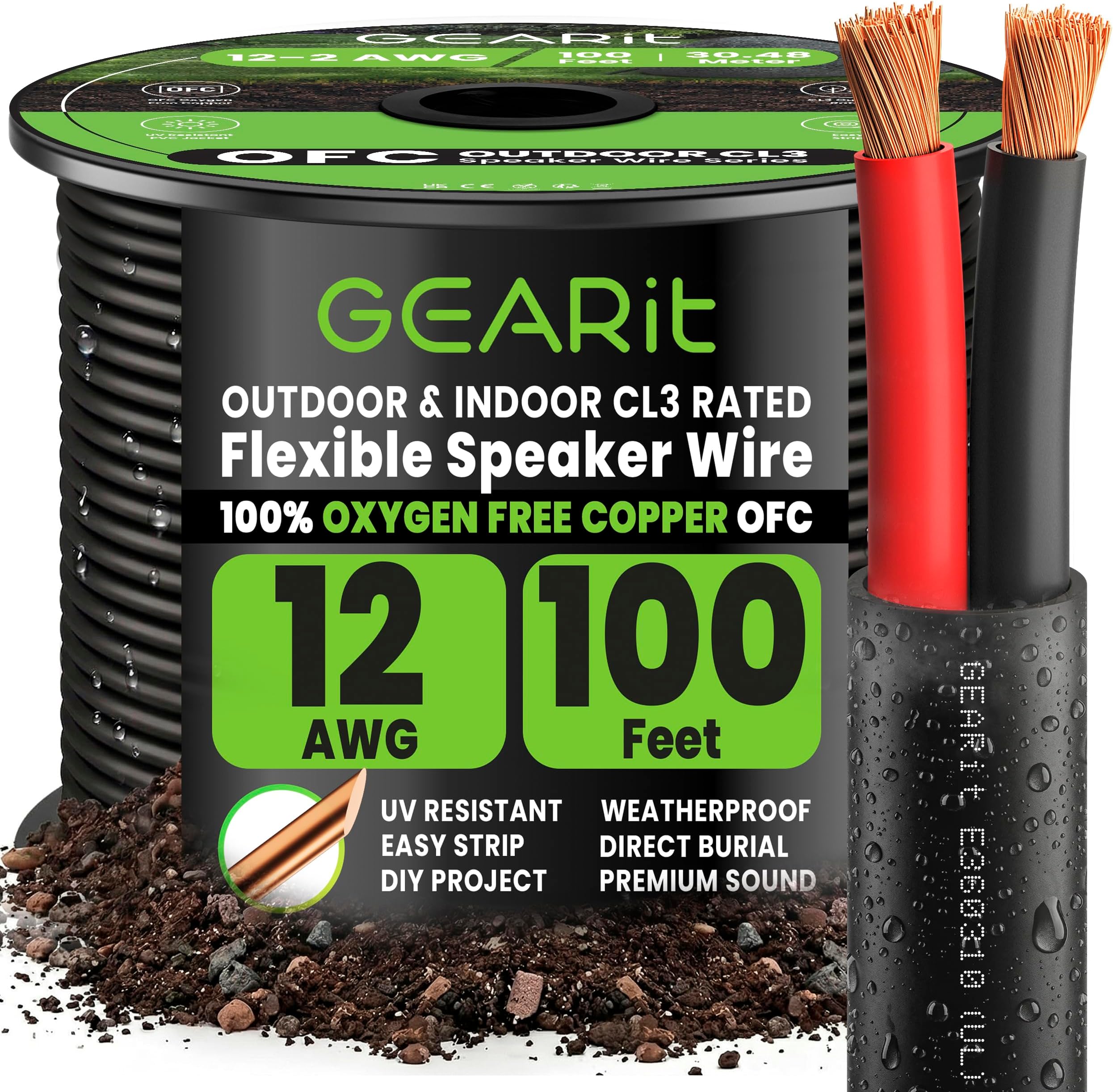 12/2 Speaker Wire (100 Feet) 12AWG Gauge - Outdoor Direct Burial in Ground/in Wall / CL3 CL2 Rated / 2 Conductors - OFC Oxygen-Free Copper, Black 100ft