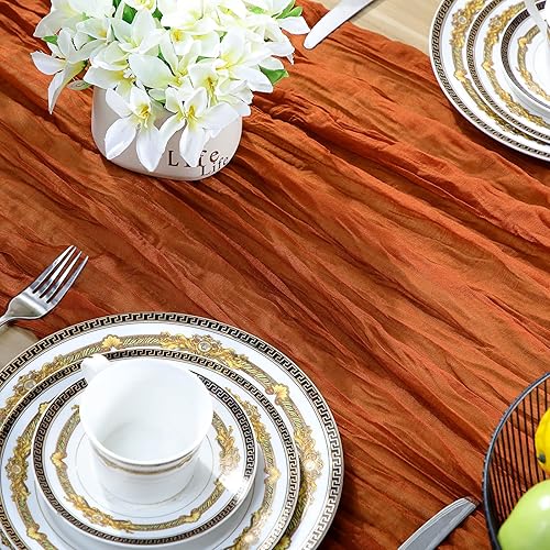 Miniatura 6 de Tegeme Paquete de 2 paños de mesa de Acción de Gracias de 13 pies de largo, tela de queso óxido, camino de gasa bohemio para otoño, boda, despedida