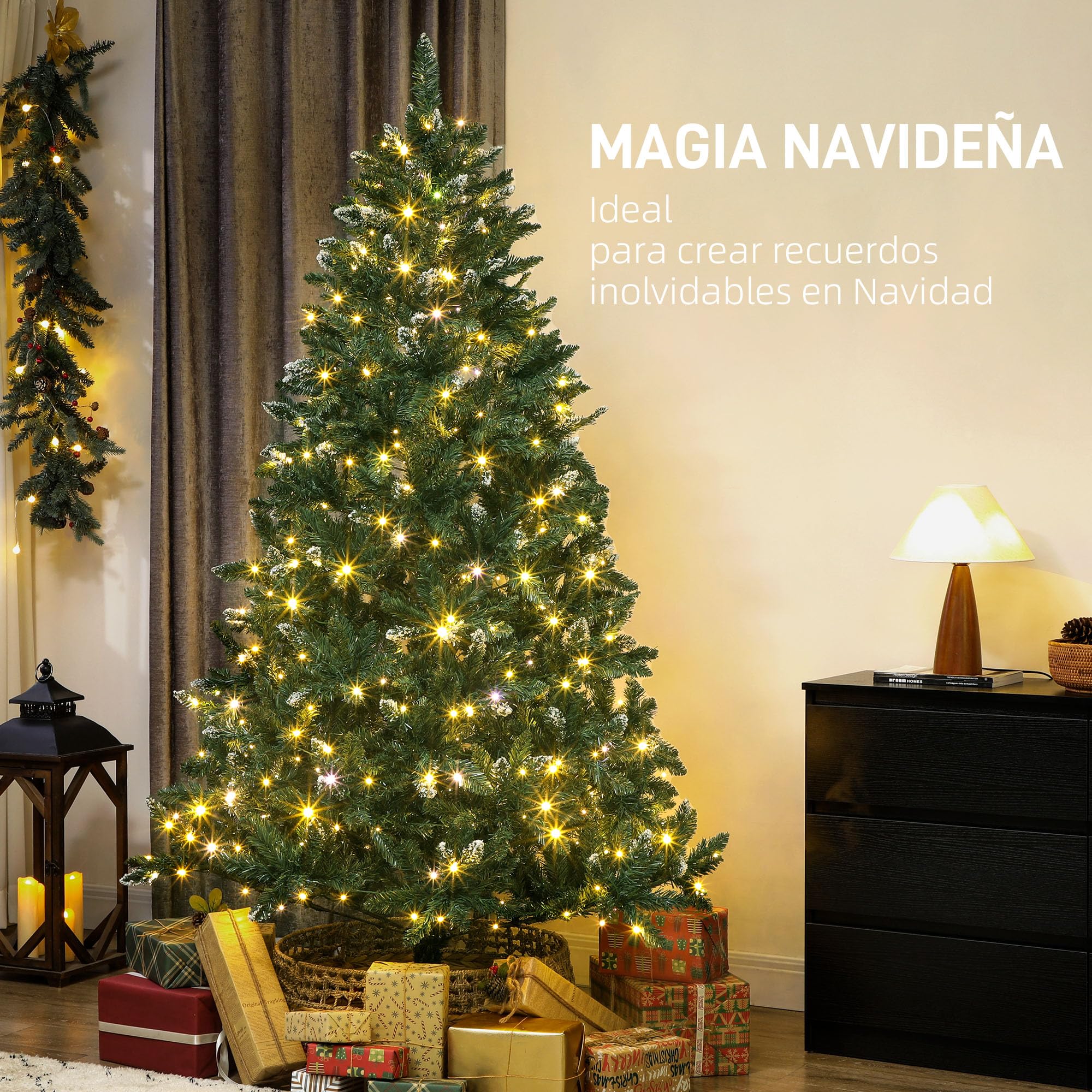 HOMCOM Árbol de Navidad 210 cm con Luces LED 9 Modos de Iluminación Verde | Árbol Navideño de Abeto, 1160 Ramas con Nieve Artificial, Soporte Metálico, Fácil de Montar