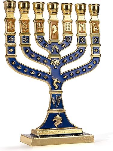 JL Kippha's Portavelas azul y dorado decorativo Menorah 7 ramas Israel símbolo judío