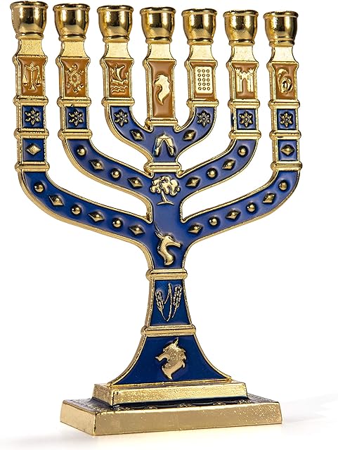 JL Kippha's Blue and Gold Candle Holder Decorative Menorah 7 Branch Israel Jewish Symbol