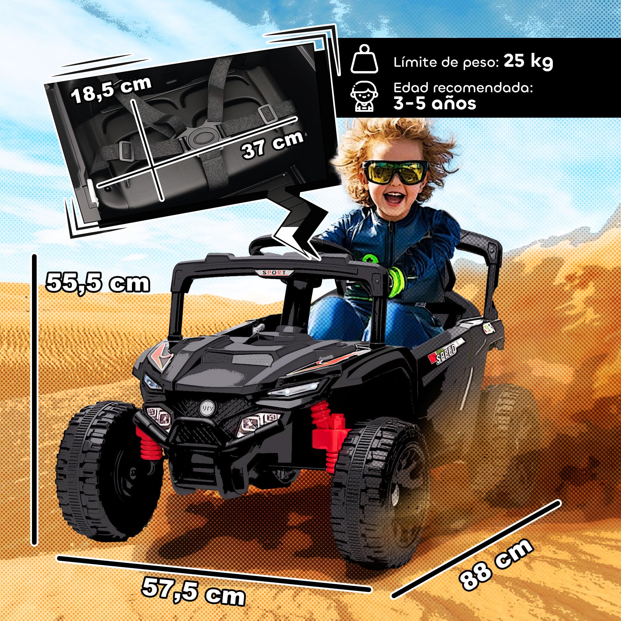AIYAPLAY Coche Eléctrico para Niños 12V, UTV con 2 Motores, Control Remoto 2.4G, 3-5 km/h, Suspensión Trasera, Faros, Música, para Niños de 3-5 Años, Negro