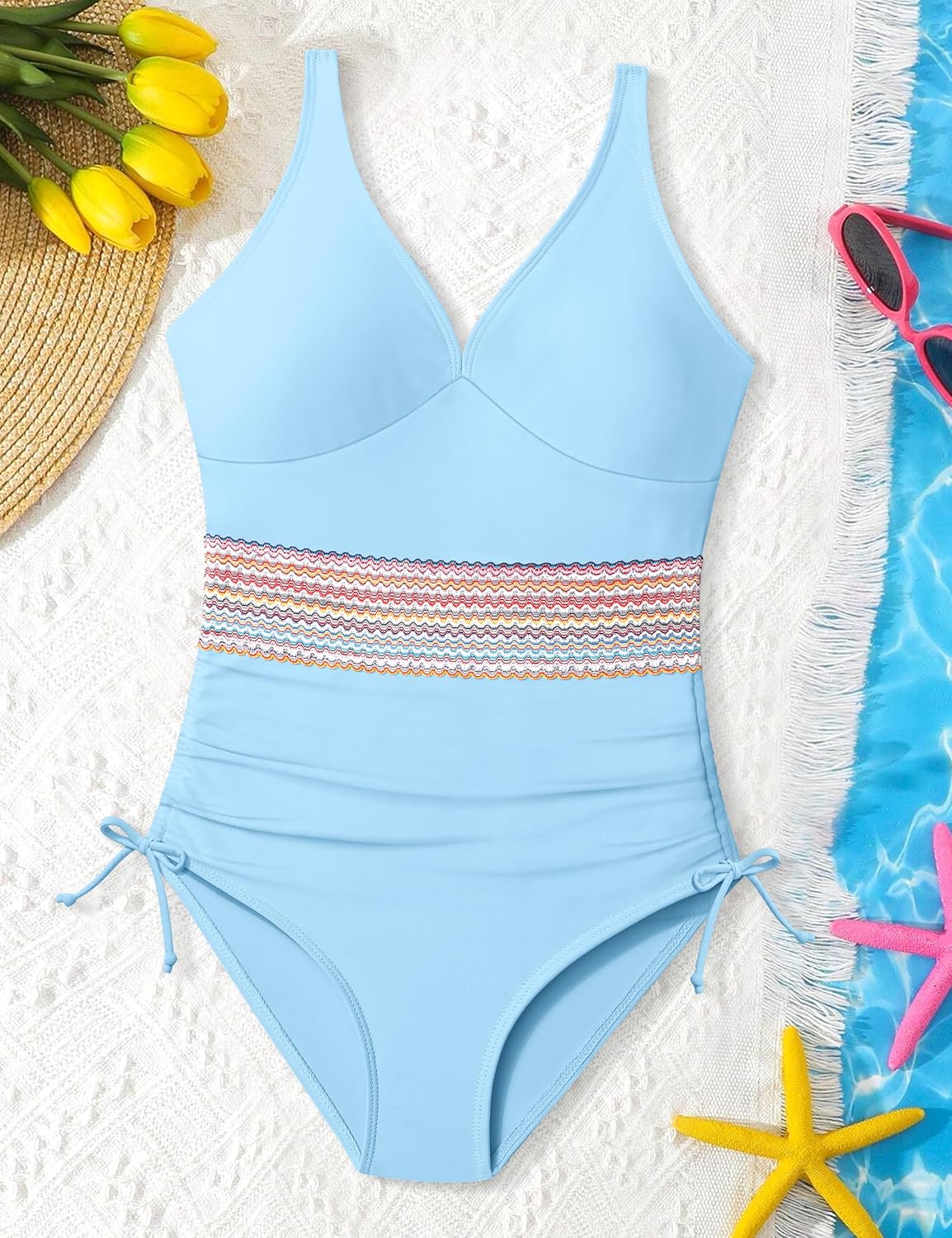 Girls One Piece Swimsuits Color Block Girls Swimsuit V Neck Girls Bathing Suit Drawstring Girls' Swimwear 9-16 Years - Image 3