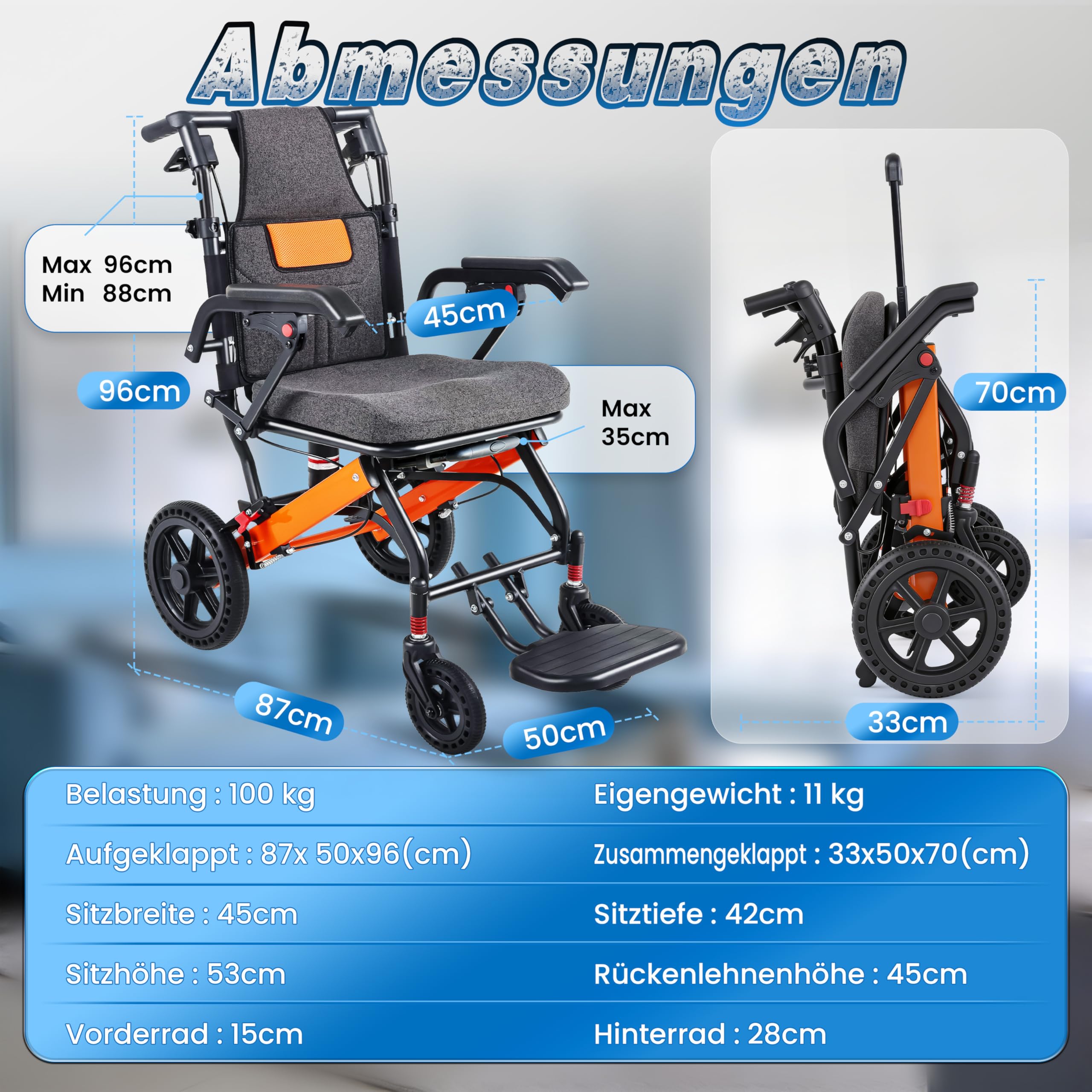 Verbesserte Rollstuhl Faltbar Leicht,Verstellbare Rückenlehne, Transportrollstühle mit Teleskopstiel, 28CM groß Honeycomb Gelände Reifen, Reisetasche, Backpack, Aufblasbare Sitzkissen