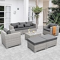 WAROOM 6-Piece Grey PE Rattan Patio Conversation Set - Sectional Sofa with Storage Coffee Table & Cushions